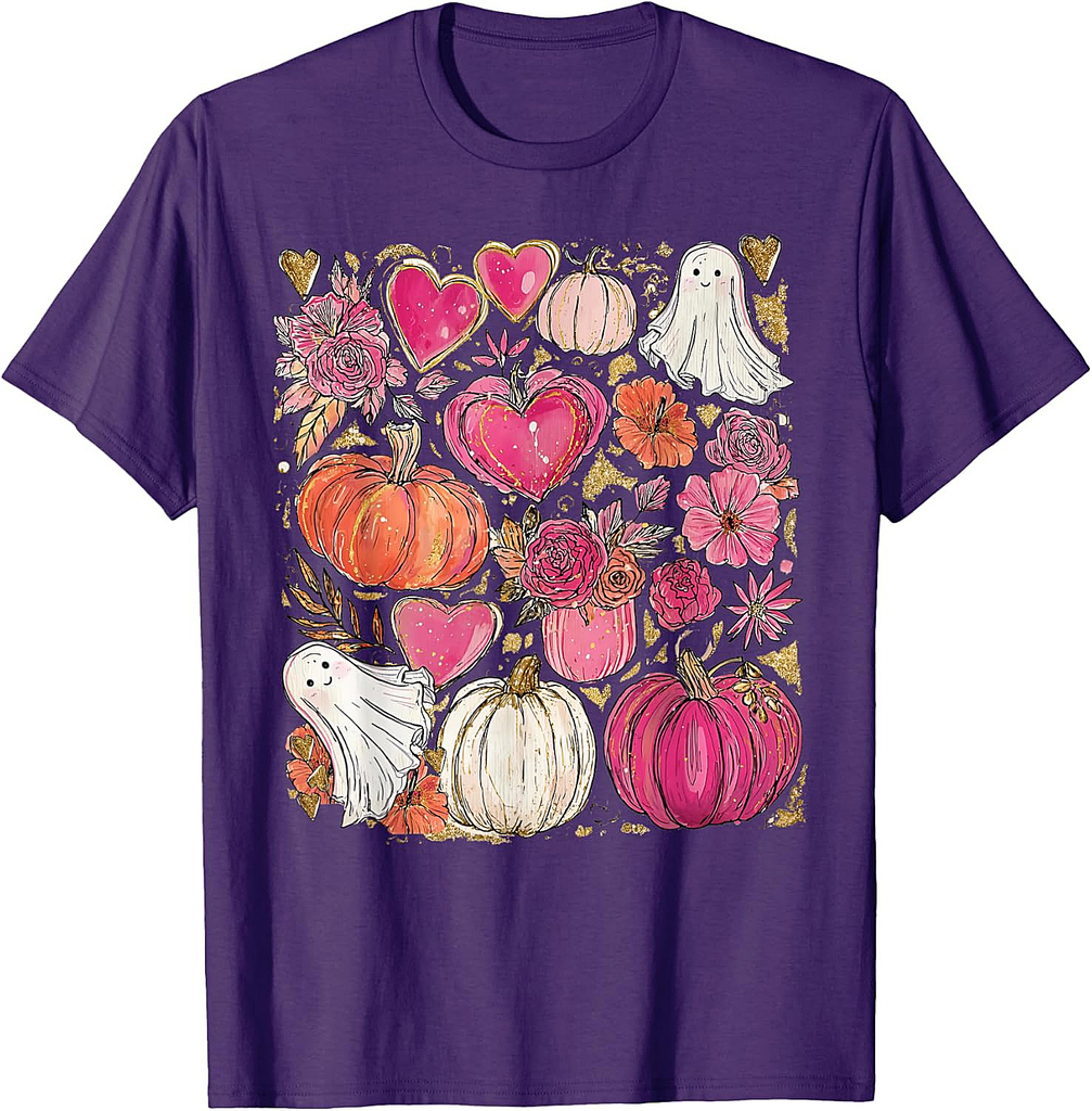 Cute Ghost Spooky Pink Pumpkin Floral Halloween Thanksgiving T-Shirt