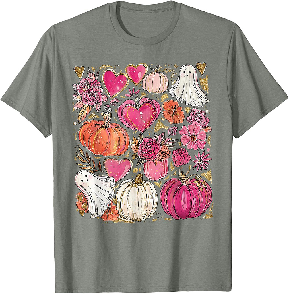 Cute Ghost Spooky Pink Pumpkin Floral Halloween Thanksgiving T-Shirt