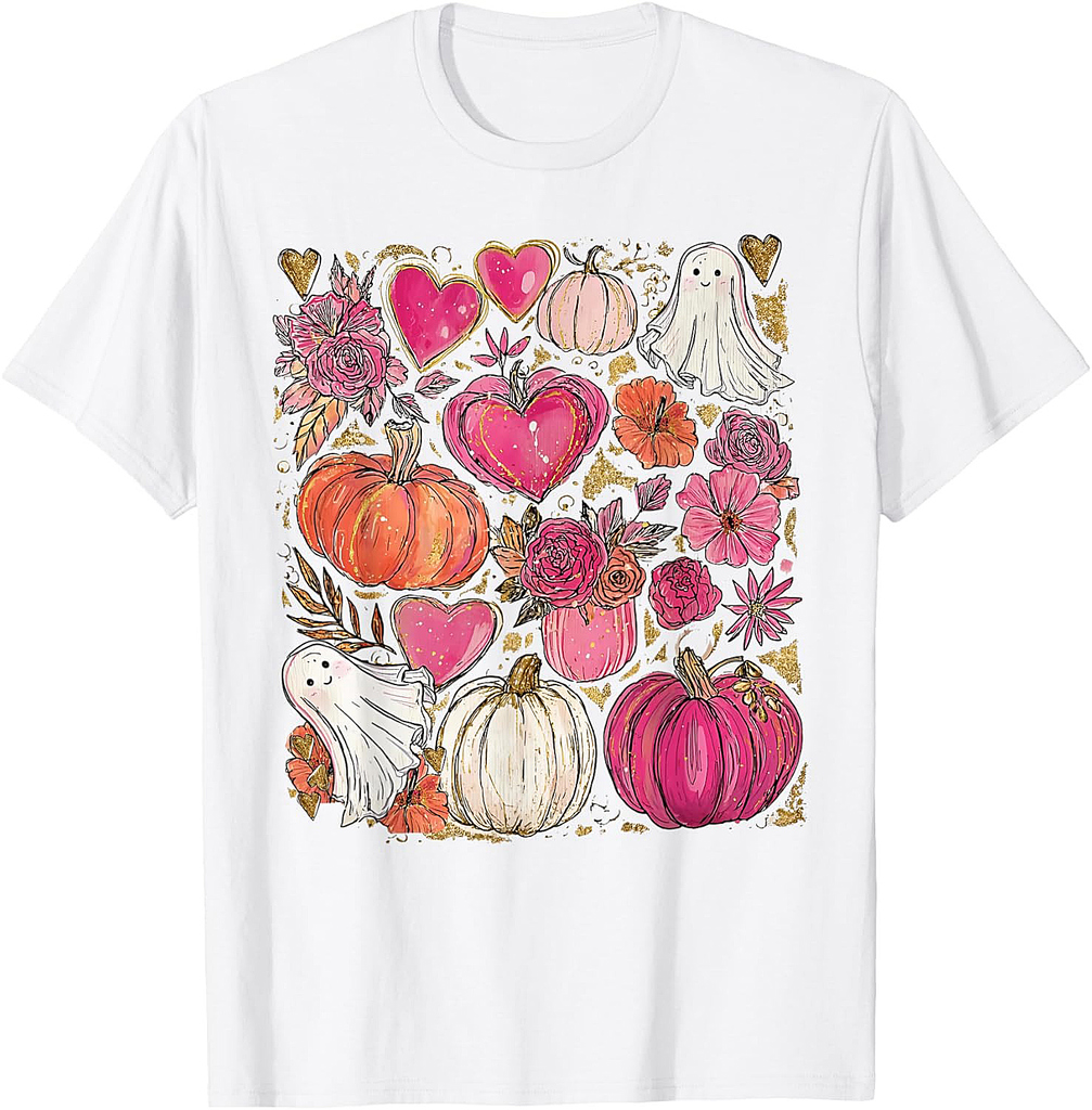 Cute Ghost Spooky Pink Pumpkin Floral Halloween Thanksgiving T-Shirt