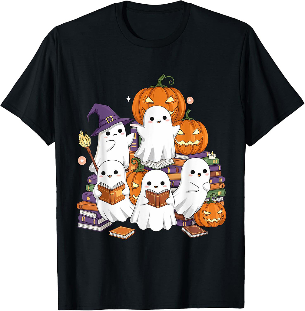 Cute Ghosts Reading Books Halloween Back to School Pumpkin T-Shirt