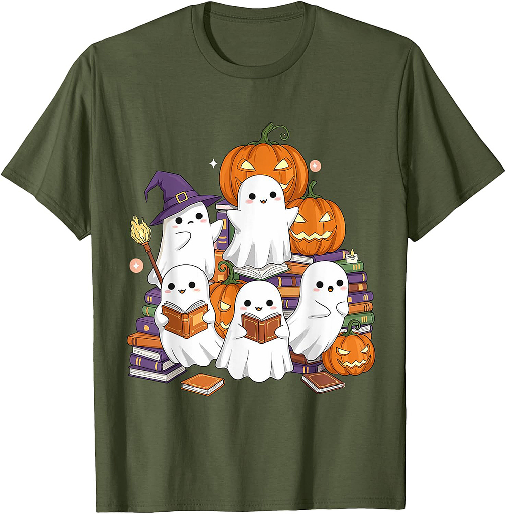 Cute Ghosts Reading Books Halloween Back to School Pumpkin T-Shirt