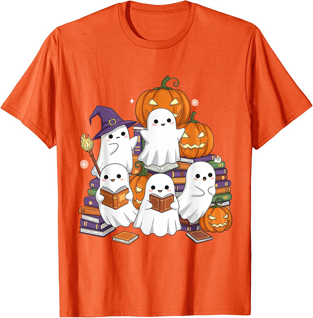 Cute Ghosts Reading Books Halloween Back to School Pumpkin T-Shirt