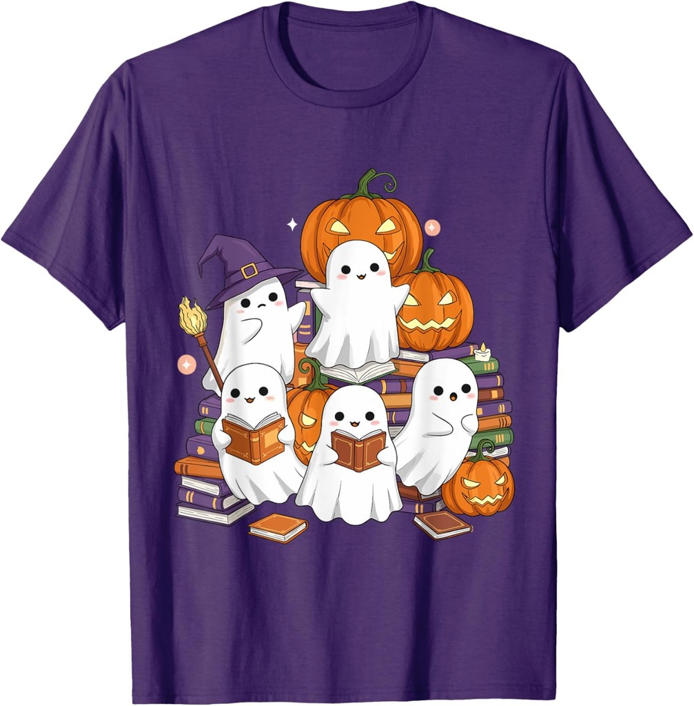 Cute Ghosts Reading Books Halloween Back to School Pumpkin T-Shirt