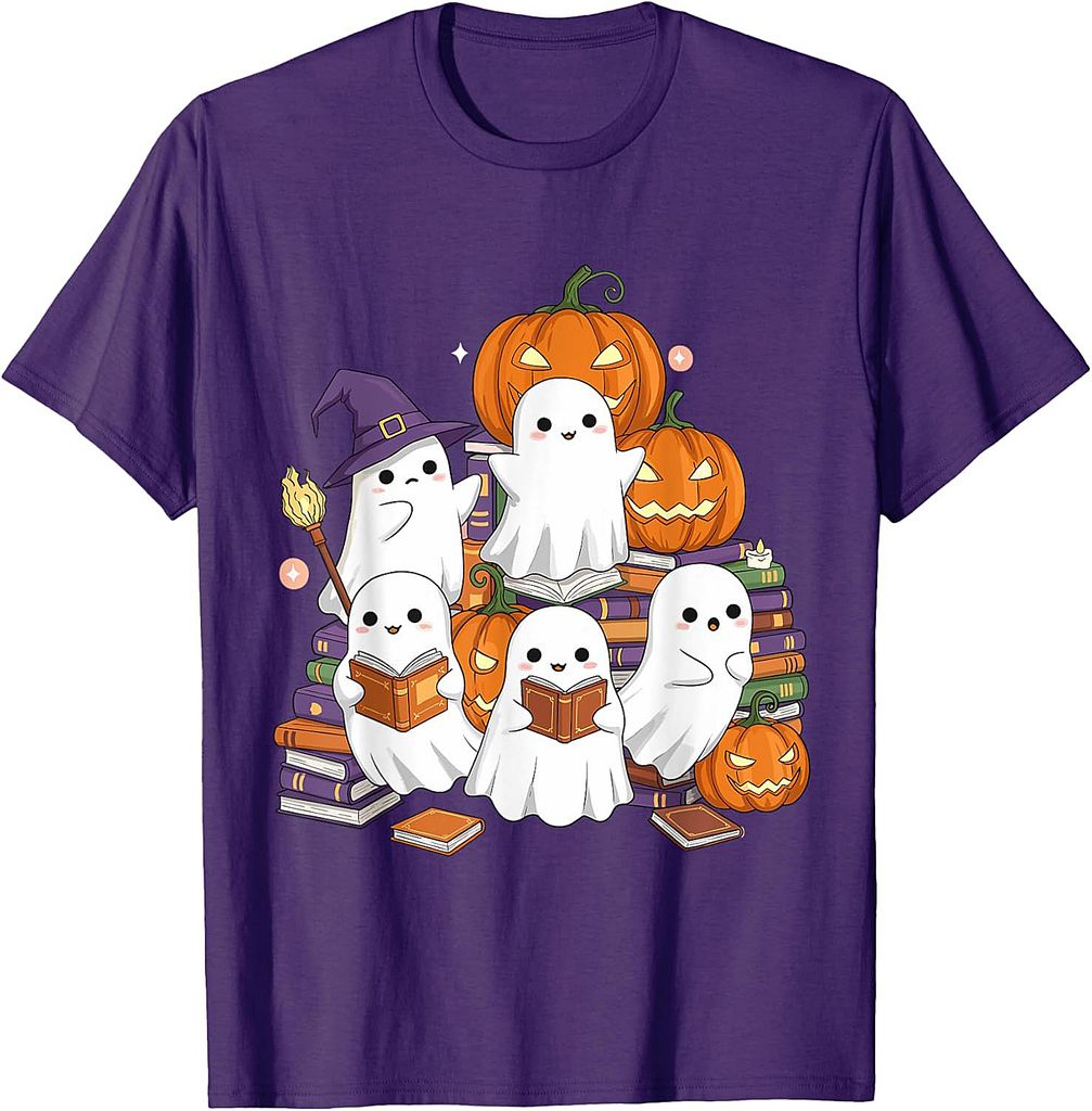Cute Ghosts Reading Books Halloween Back to School Pumpkin T-Shirt
