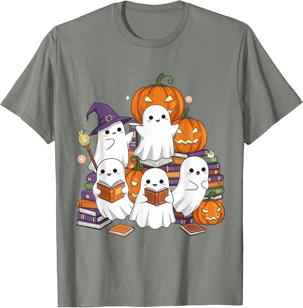 Cute Ghosts Reading Books Halloween Back to School Pumpkin T-Shirt