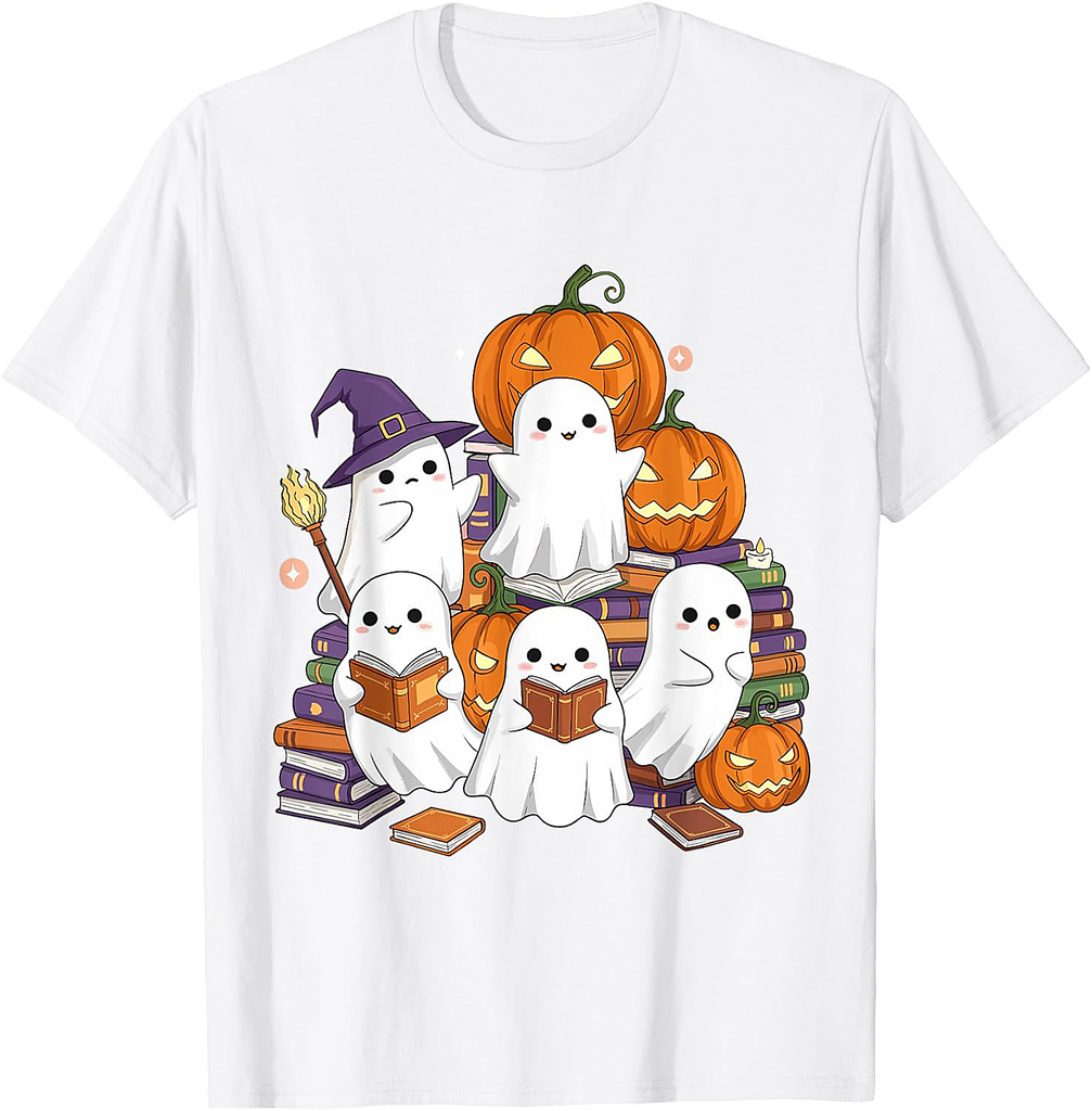 Cute Ghosts Reading Books Halloween Back to School Pumpkin T-Shirt