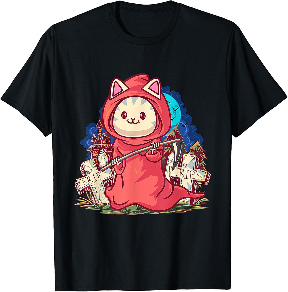 Cute Grim Reaper Cat Tombstone Pastel Goth Halloween T-Shirt for Men Women Kids