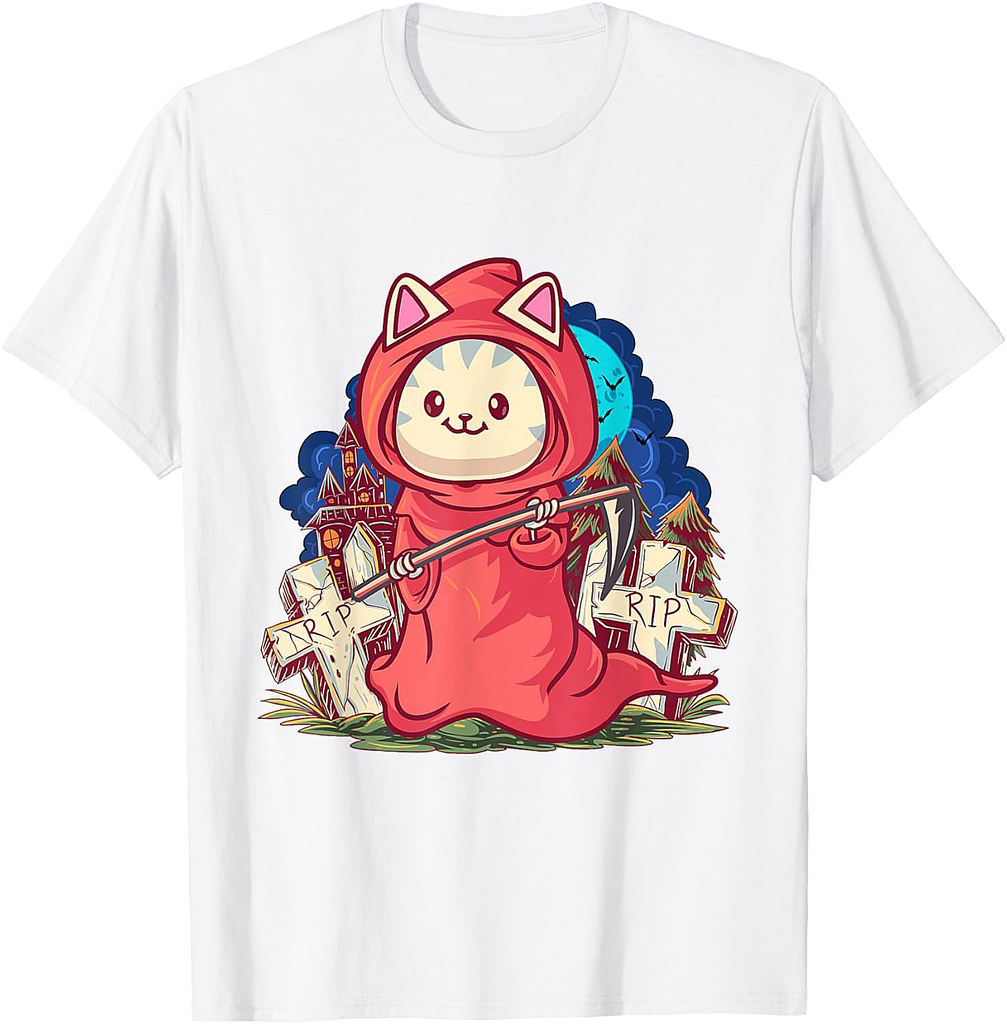 Cute Grim Reaper Cat Tombstone Pastel Goth Halloween T-Shirt for Men Women Kids