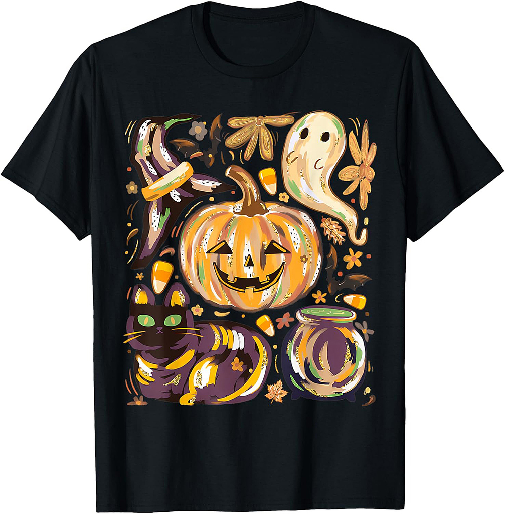 Cute Halloween With Pumpkin Black Cat And Ghost T-Shirt