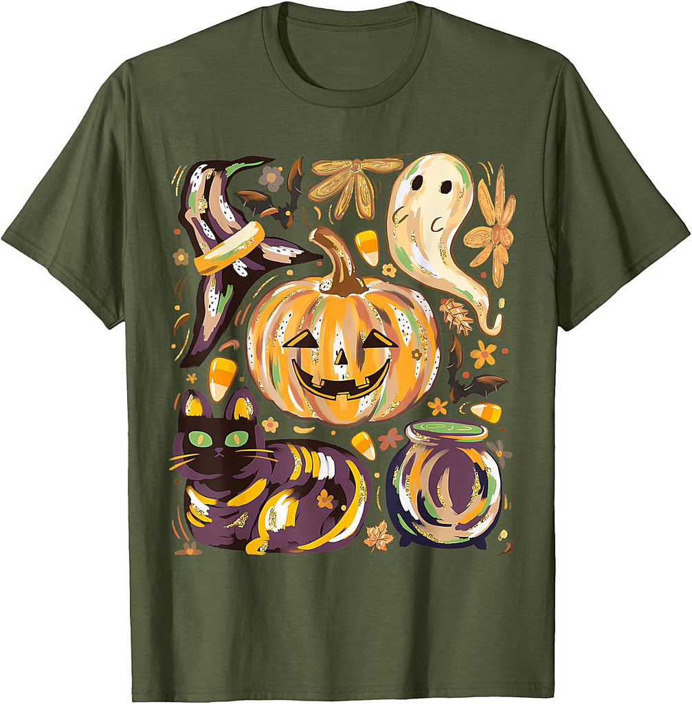 Cute Halloween With Pumpkin Black Cat And Ghost T-Shirt