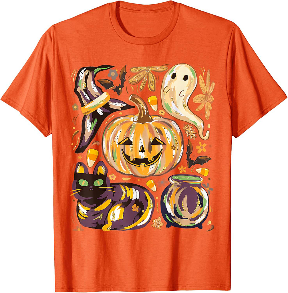 Cute Halloween With Pumpkin Black Cat And Ghost T-Shirt