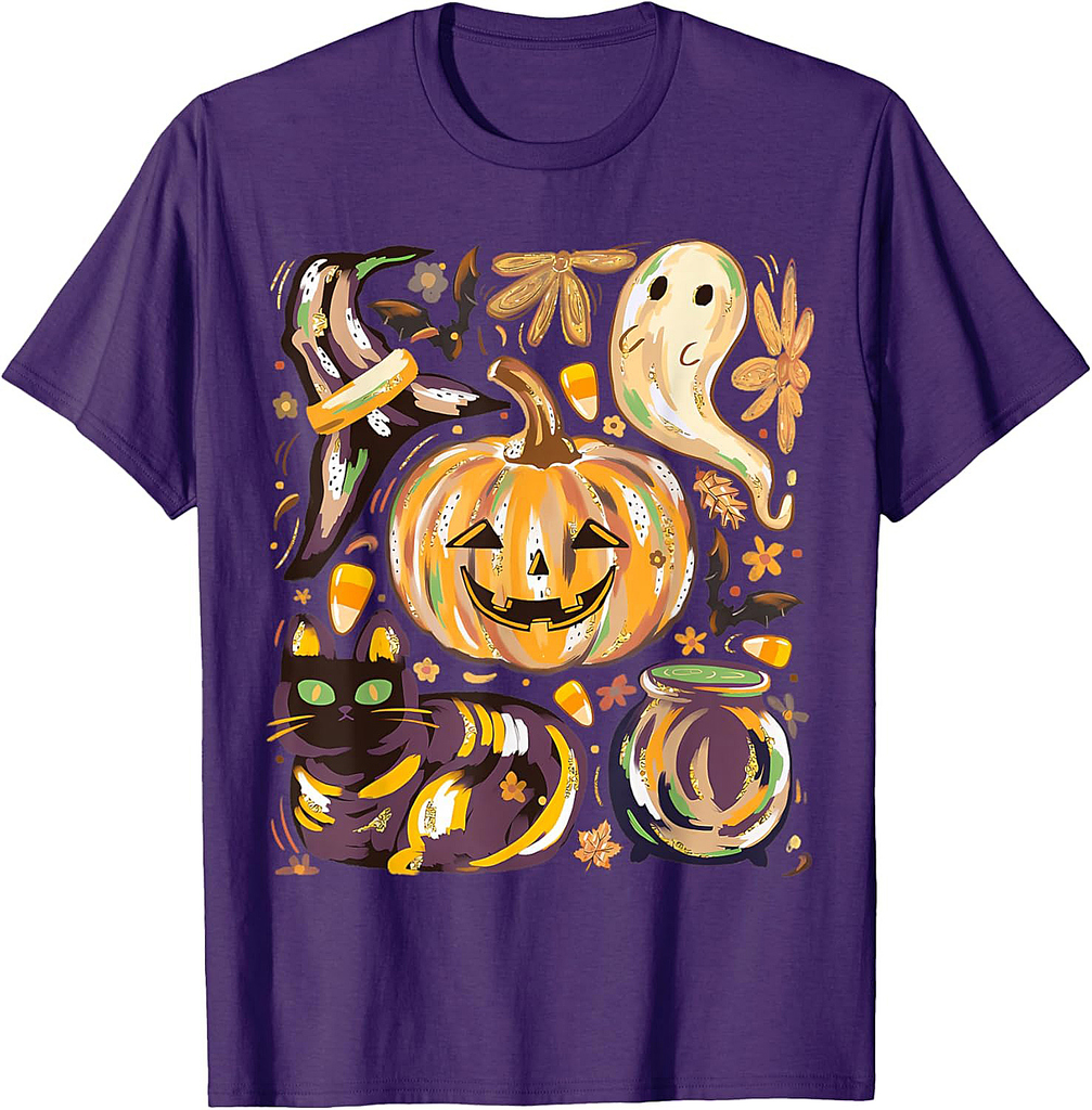 Cute Halloween With Pumpkin Black Cat And Ghost T-Shirt