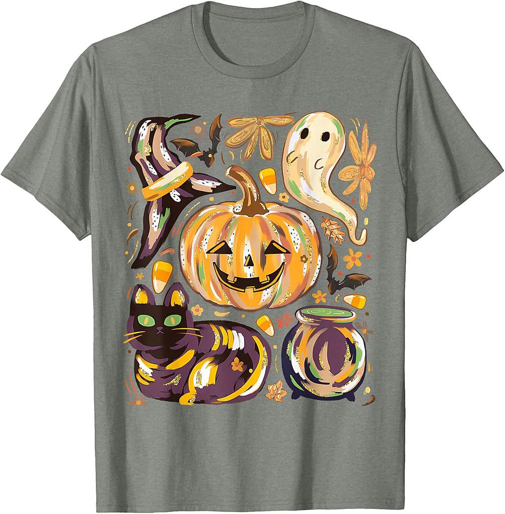 Cute Halloween With Pumpkin Black Cat And Ghost T-Shirt