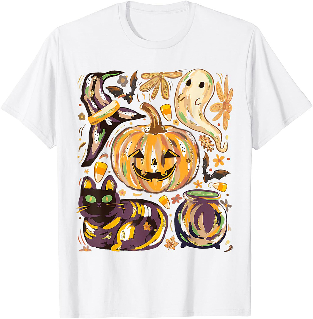 Cute Halloween With Pumpkin Black Cat And Ghost T-Shirt