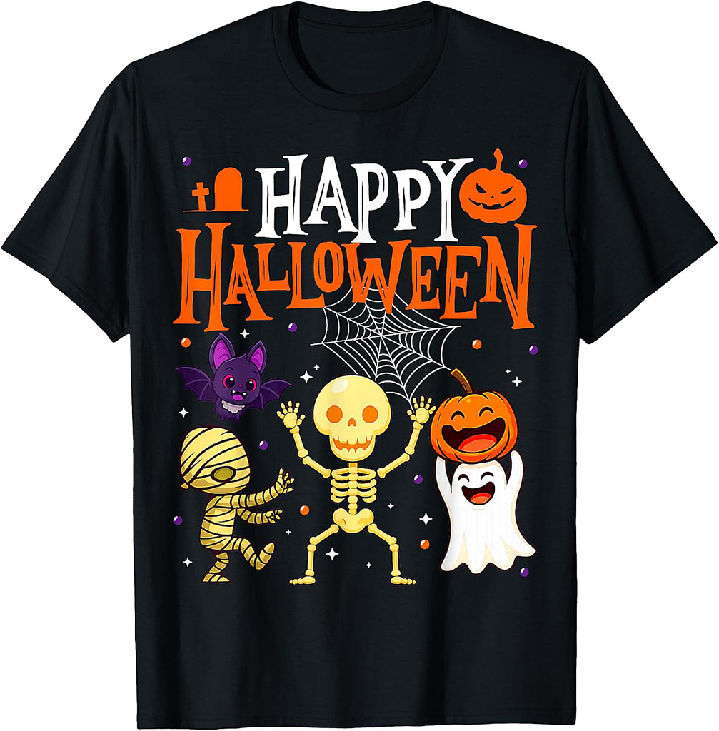 Cute Happy Halloween Skeleton Pumpkin Boo Boys Girls Kids T-Shirt