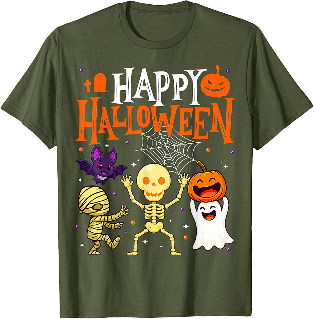 Cute Happy Halloween Skeleton Pumpkin Boo Boys Girls Kids T-Shirt