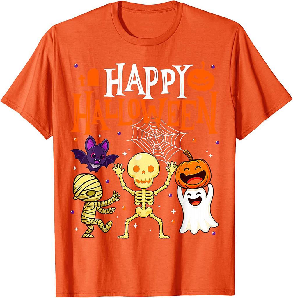 Cute Happy Halloween Skeleton Pumpkin Boo Boys Girls Kids T-Shirt