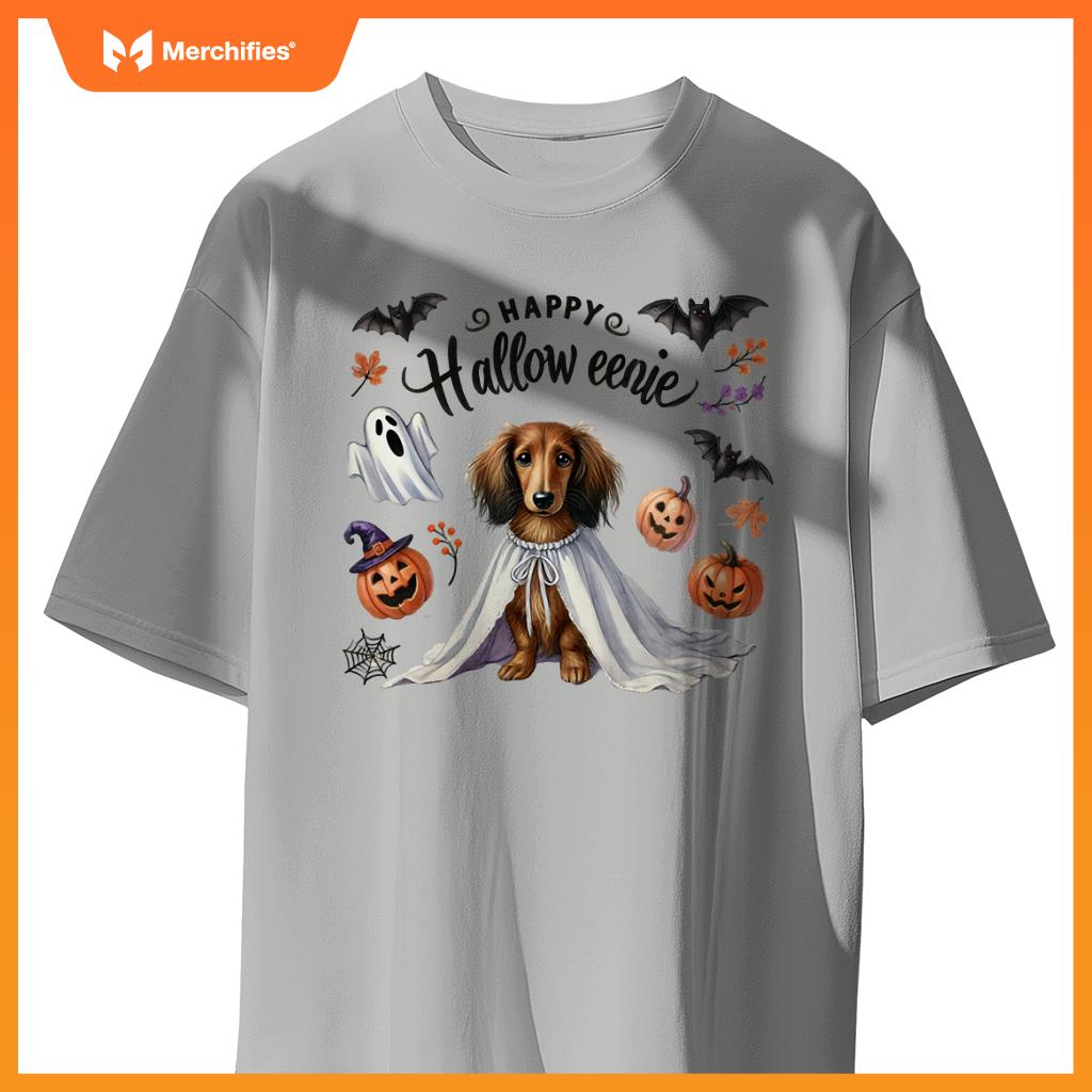 Cute Happy Halloweenie Dachshund Mom Dog Bats Pumpkins Ghost Long Sleeve T-Shirt