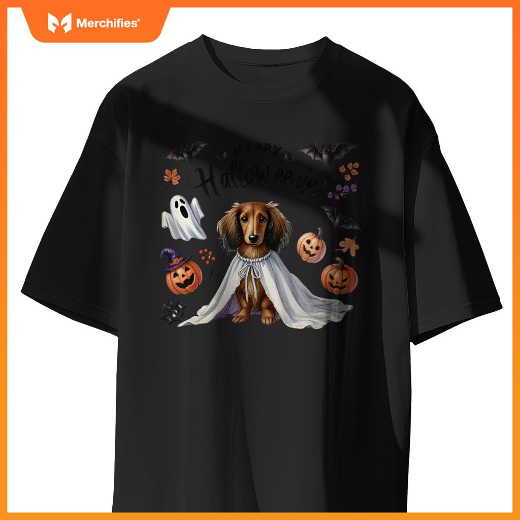 Cute Happy Halloweenie Dachshund Mom Dog Bats Pumpkins Ghost Long Sleeve T-Shirt