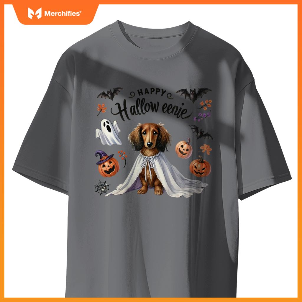 Cute Happy Halloweenie Dachshund Mom Dog Bats Pumpkins Ghost Long Sleeve T-Shirt