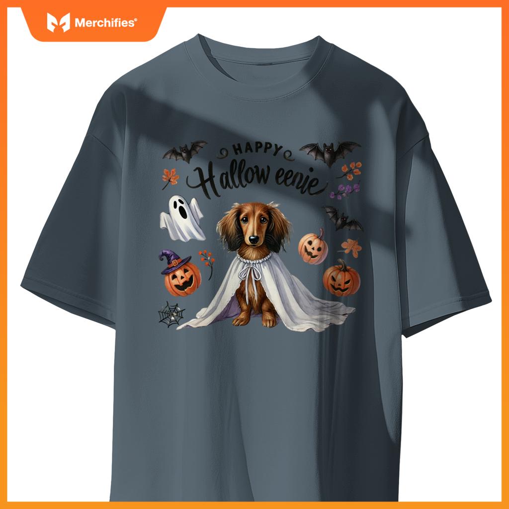 Cute Happy Halloweenie Dachshund Mom Dog Bats Pumpkins Ghost Long Sleeve T-Shirt