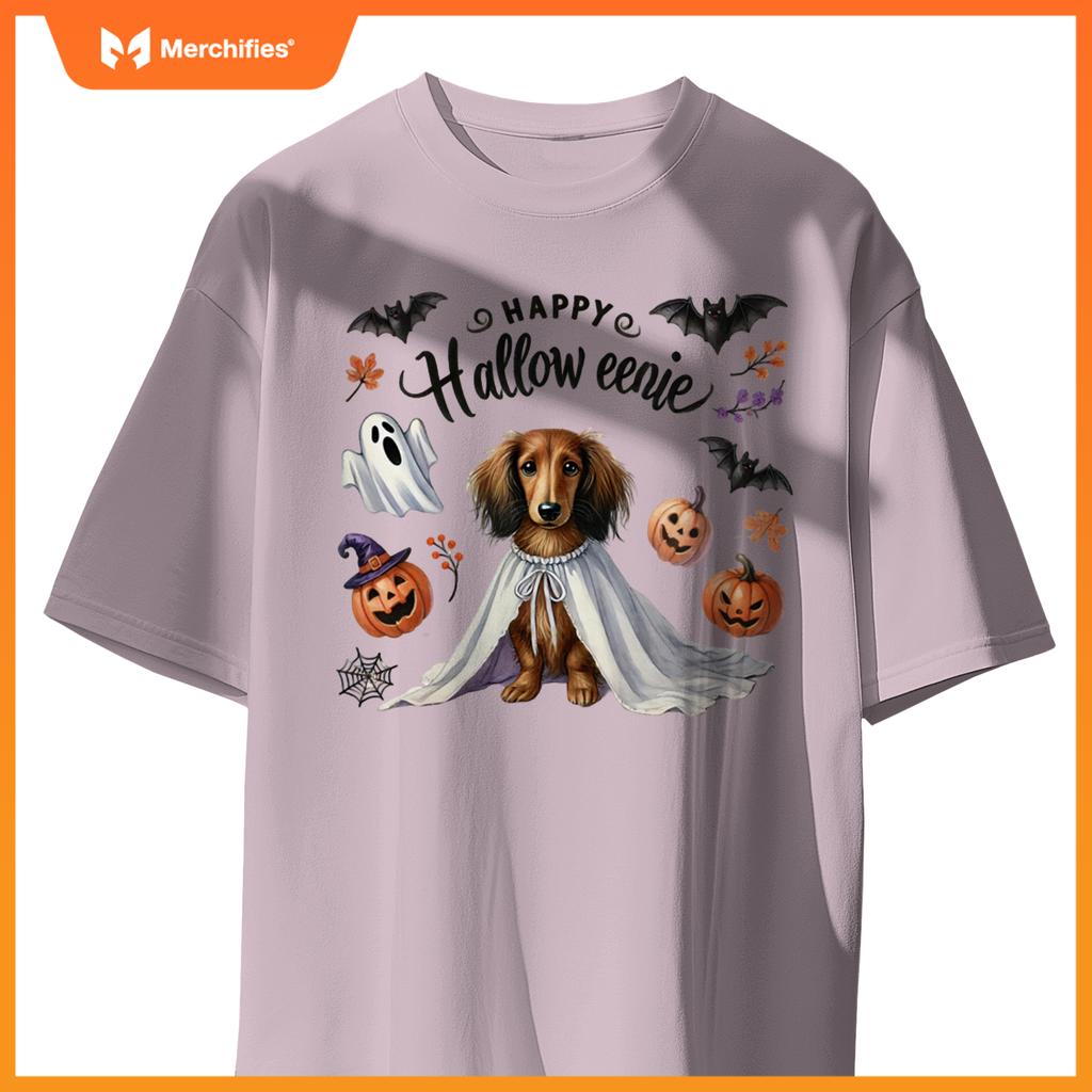 Cute Happy Halloweenie Dachshund Mom Dog Bats Pumpkins Ghost Long Sleeve T-Shirt