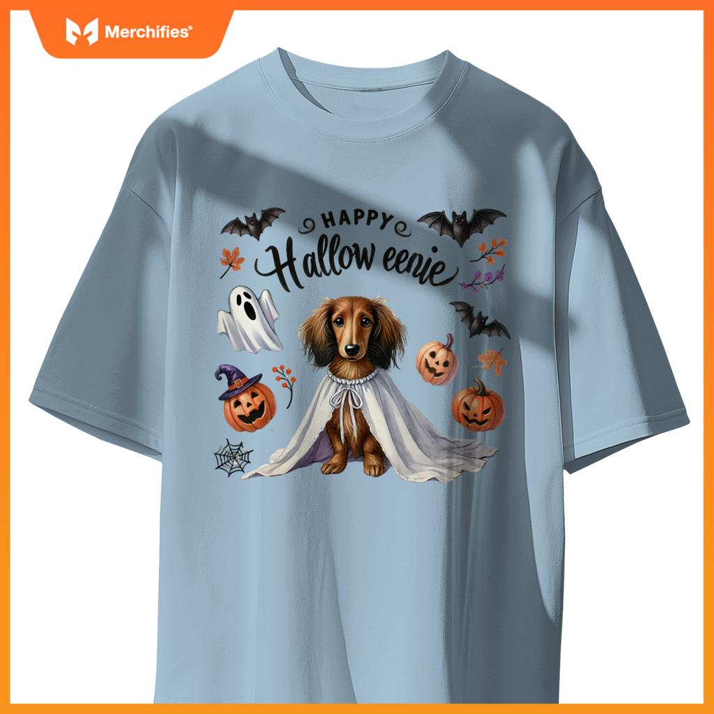 Cute Happy Halloweenie Dachshund Mom Dog Bats Pumpkins Ghost Long Sleeve T-Shirt