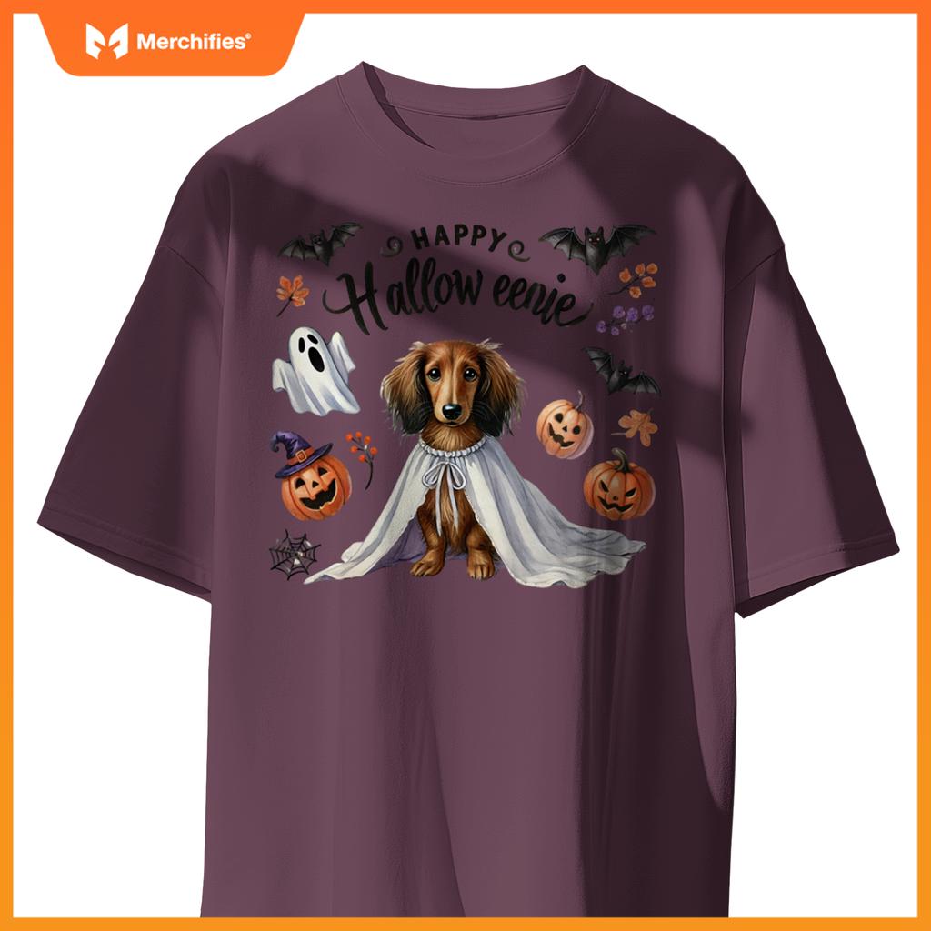 Cute Happy Halloweenie Dachshund Mom Dog Bats Pumpkins Ghost Long Sleeve T-Shirt