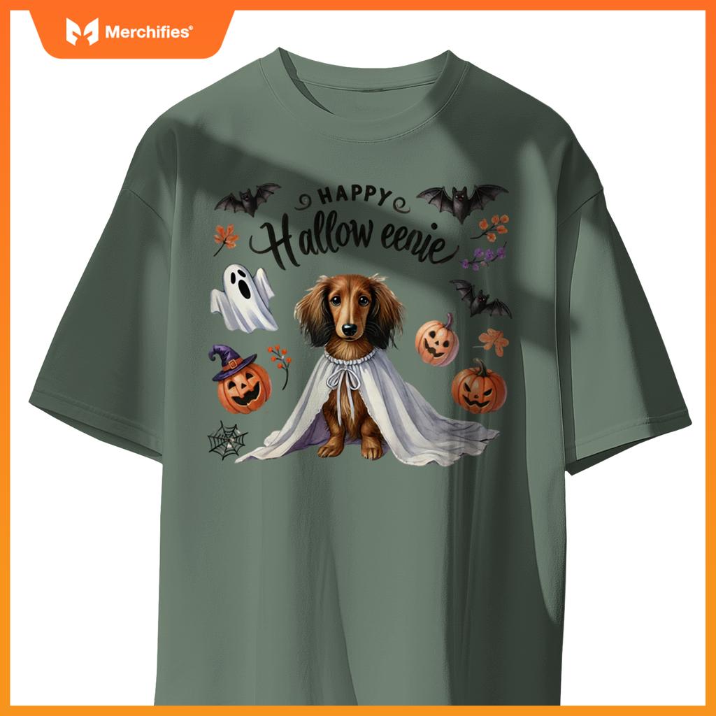 Cute Happy Halloweenie Dachshund Mom Dog Bats Pumpkins Ghost Long Sleeve T-Shirt