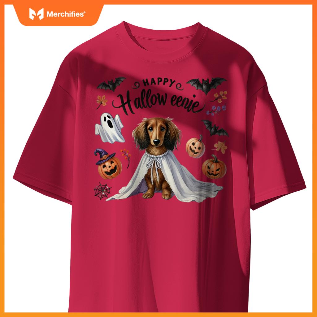 Cute Happy Halloweenie Dachshund Mom Dog Bats Pumpkins Ghost Long Sleeve T-Shirt