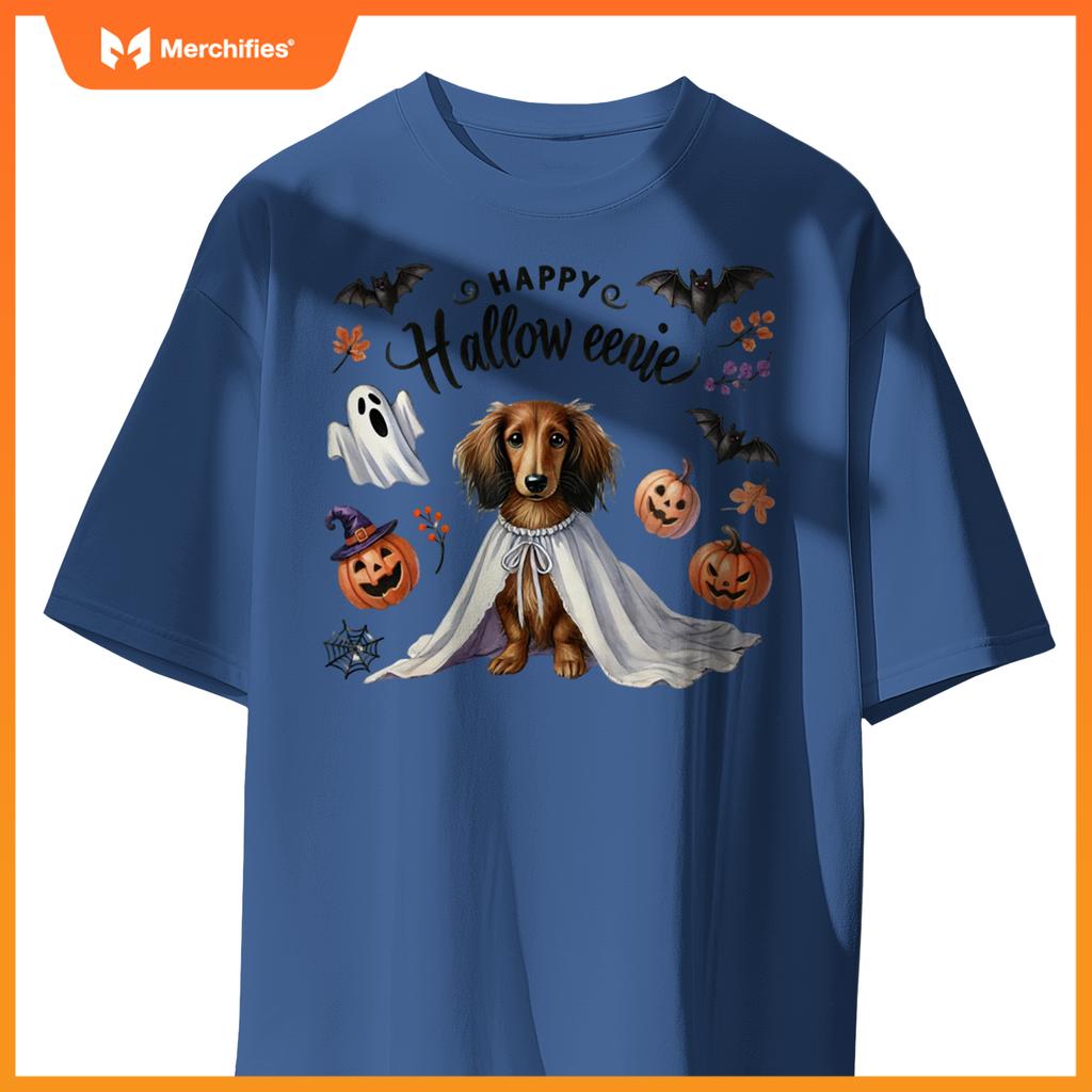 Cute Happy Halloweenie Dachshund Mom Dog Bats Pumpkins Ghost Long Sleeve T-Shirt