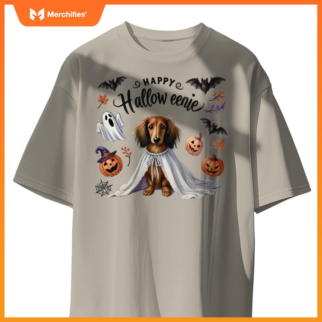 Cute Happy Halloweenie Dachshund Mom Dog Bats Pumpkins Ghost Long Sleeve T-Shirt