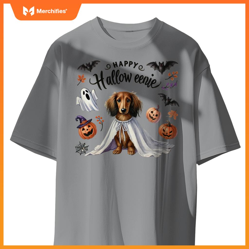 Cute Happy Halloweenie Dachshund Mom Dog Bats Pumpkins Ghost Long Sleeve T-Shirt