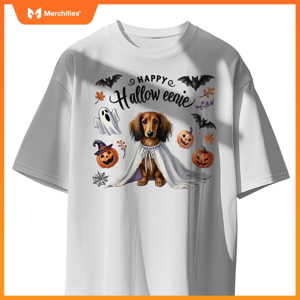 Cute Happy Halloweenie Dachshund Mom Dog Bats Pumpkins Ghost Long Sleeve T-Shirt