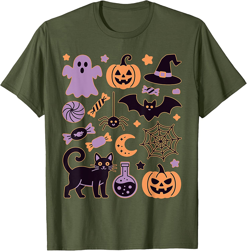 Cute Spooky Halloween Ghost Bat Pumpkin Cat coastal coquette T-Shirt