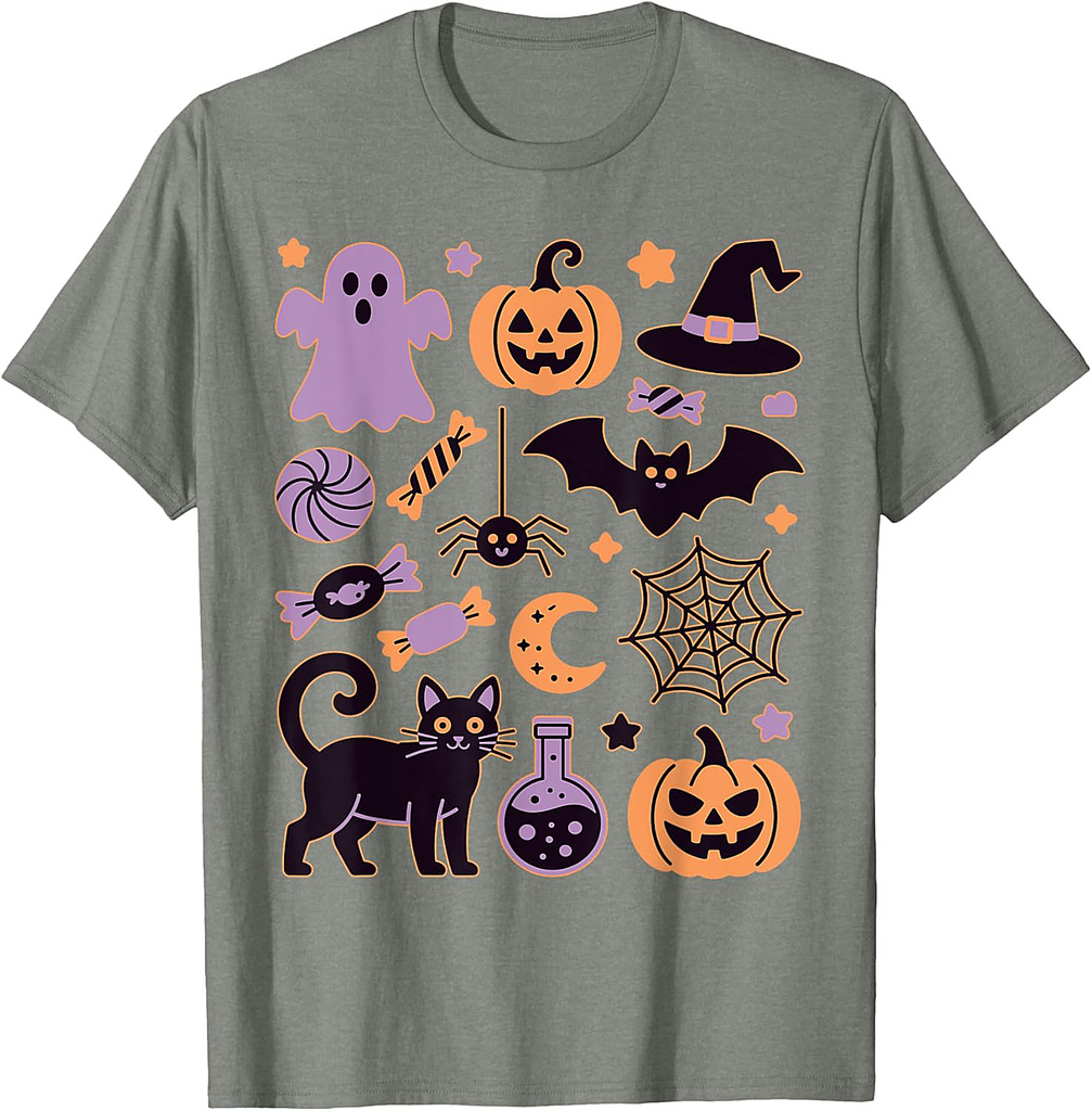 Cute Spooky Halloween Ghost Bat Pumpkin Cat coastal coquette T-Shirt