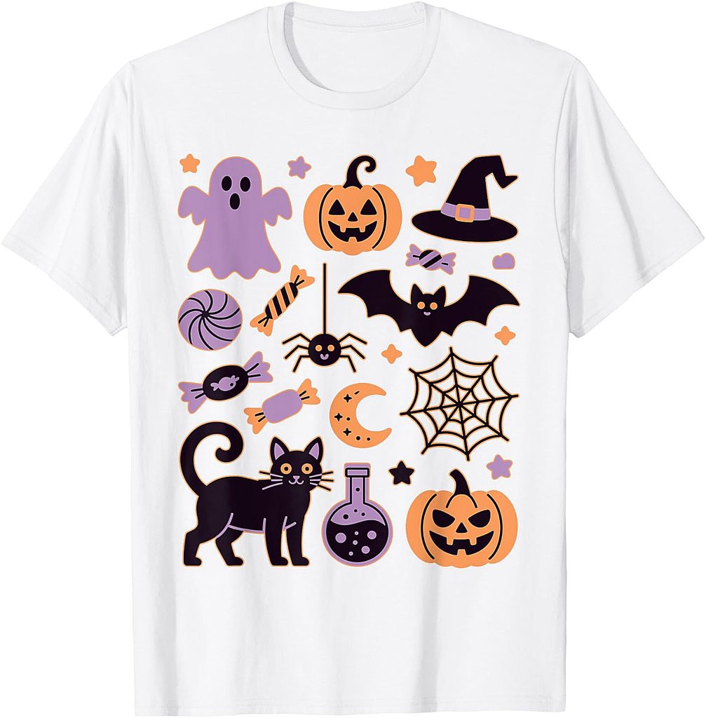 Cute Spooky Halloween Ghost Bat Pumpkin Cat coastal coquette T-Shirt
