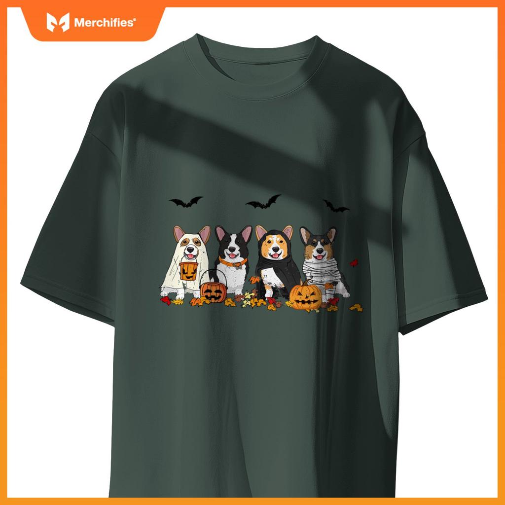 Cute Welsh Corgi Dogs Ghost Witch Mummy Halloween Pumpkins T-Shirt