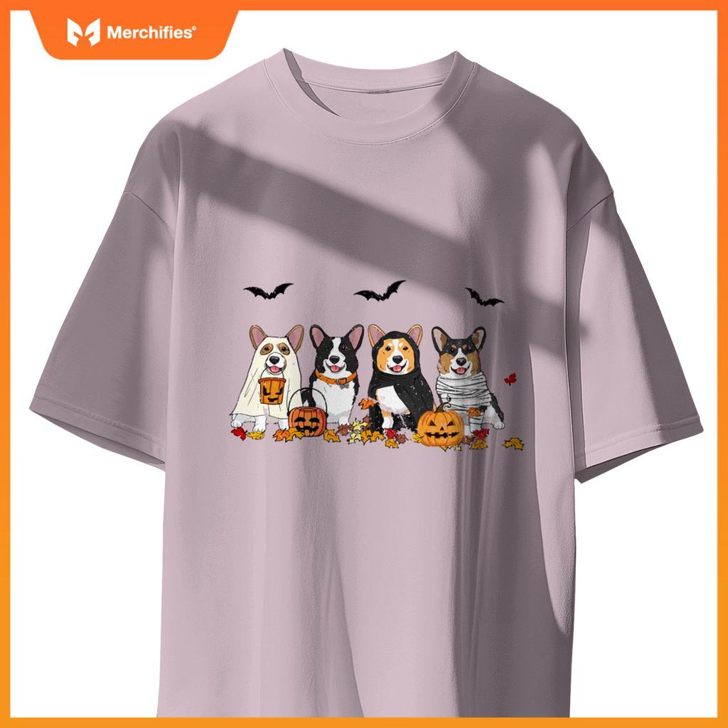 Cute Welsh Corgi Dogs Ghost Witch Mummy Halloween Pumpkins T-Shirt