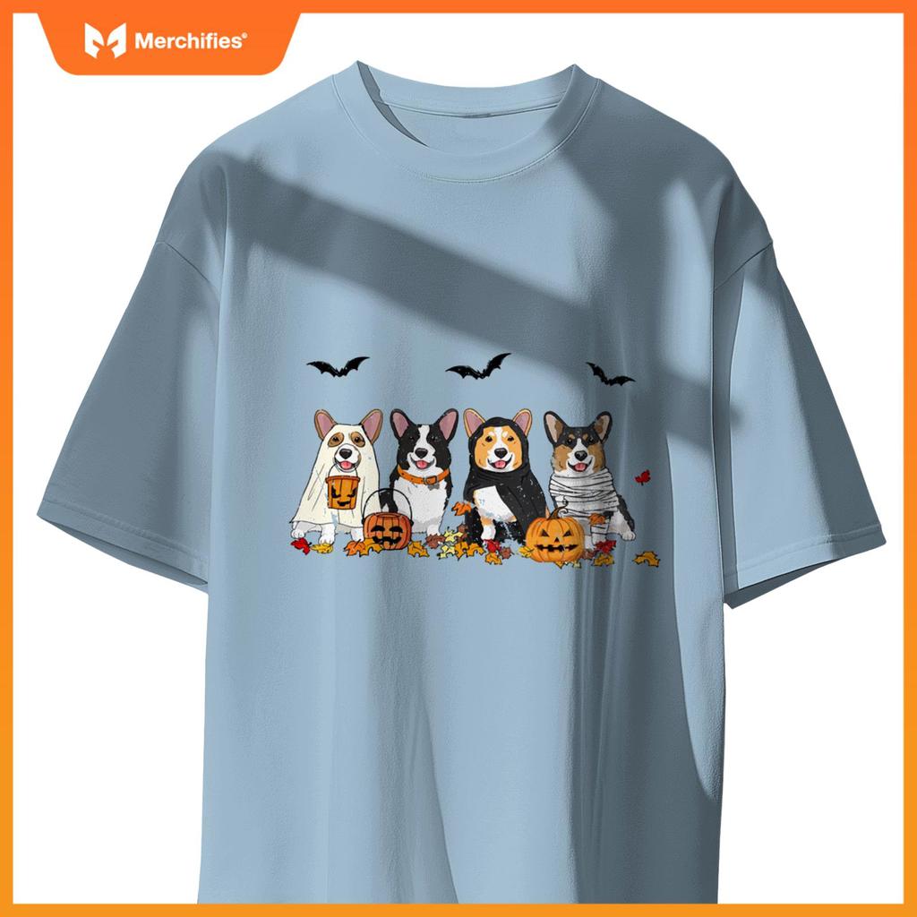 Cute Welsh Corgi Dogs Ghost Witch Mummy Halloween Pumpkins T-Shirt