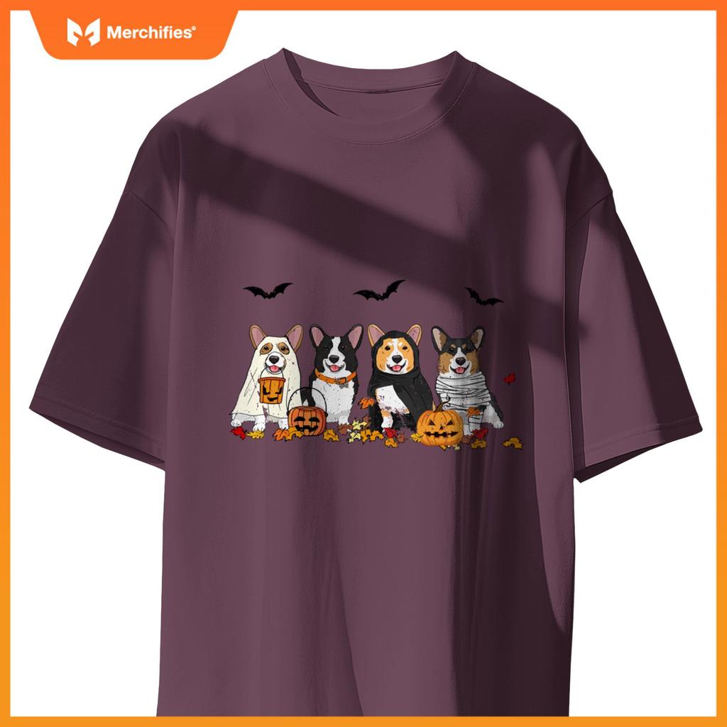 Cute Welsh Corgi Dogs Ghost Witch Mummy Halloween Pumpkins T-Shirt