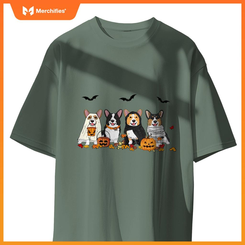 Cute Welsh Corgi Dogs Ghost Witch Mummy Halloween Pumpkins T-Shirt