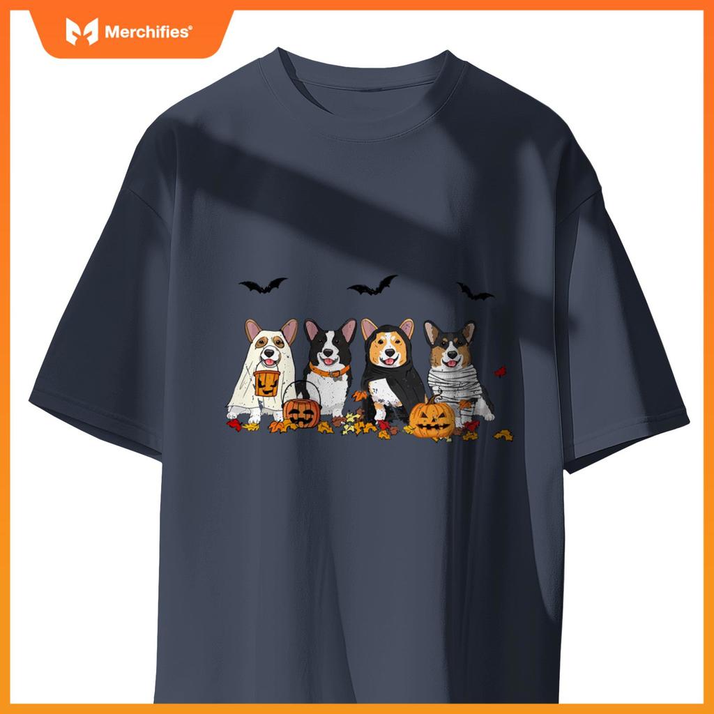 Cute Welsh Corgi Dogs Ghost Witch Mummy Halloween Pumpkins T-Shirt