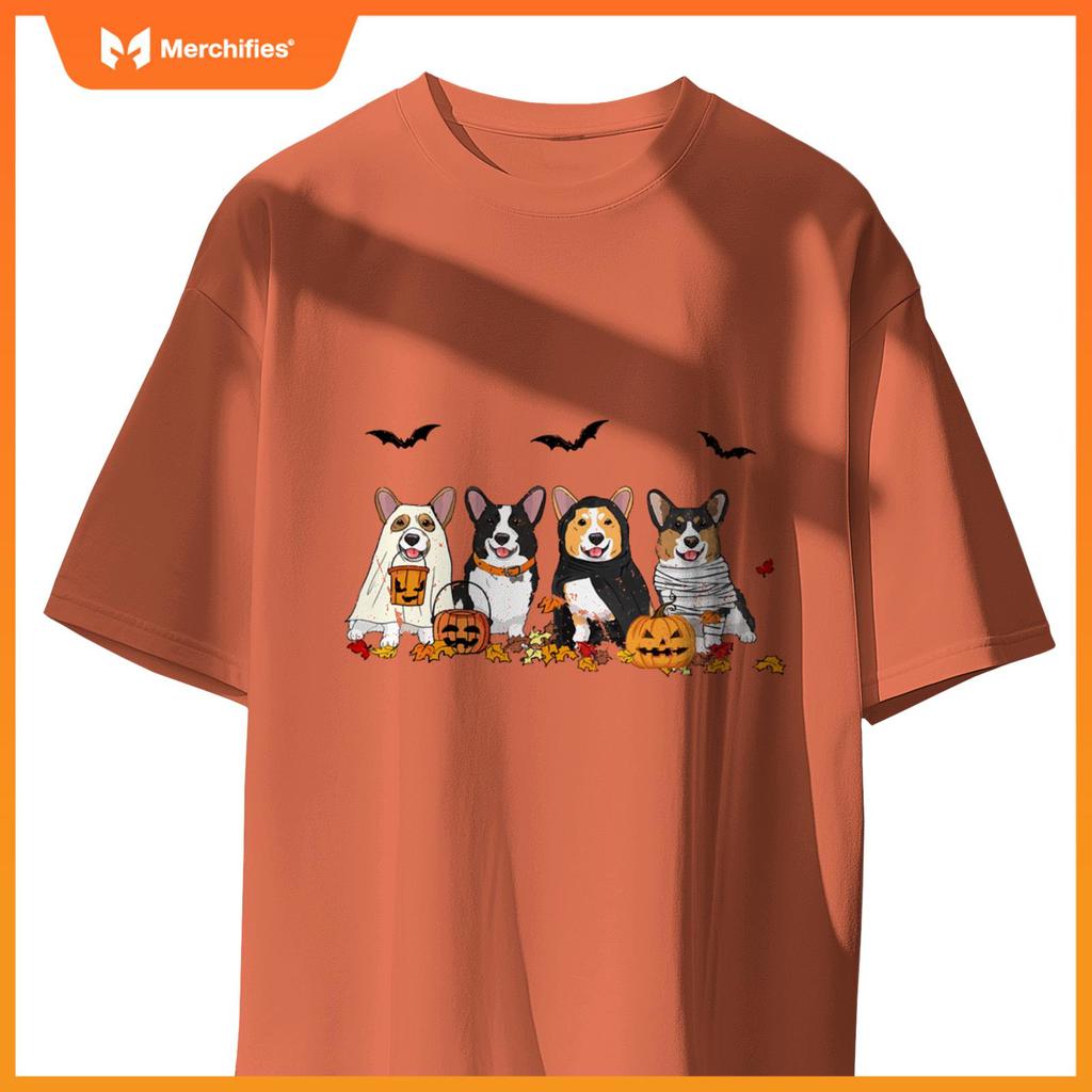 Cute Welsh Corgi Dogs Ghost Witch Mummy Halloween Pumpkins T-Shirt