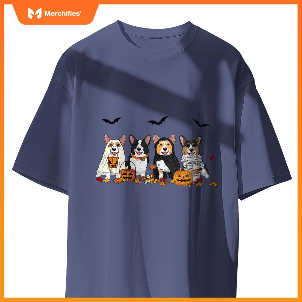 Cute Welsh Corgi Dogs Ghost Witch Mummy Halloween Pumpkins T-Shirt