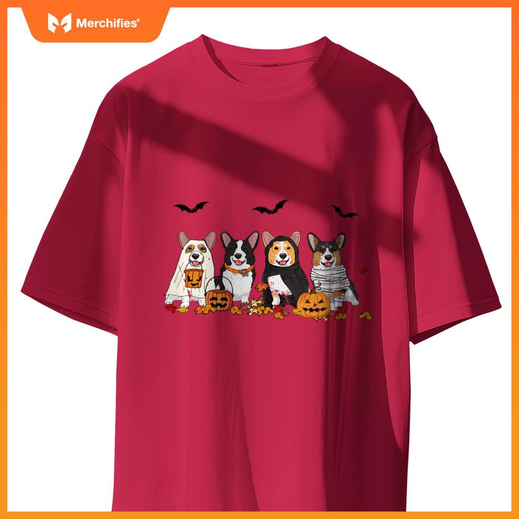 Cute Welsh Corgi Dogs Ghost Witch Mummy Halloween Pumpkins T-Shirt