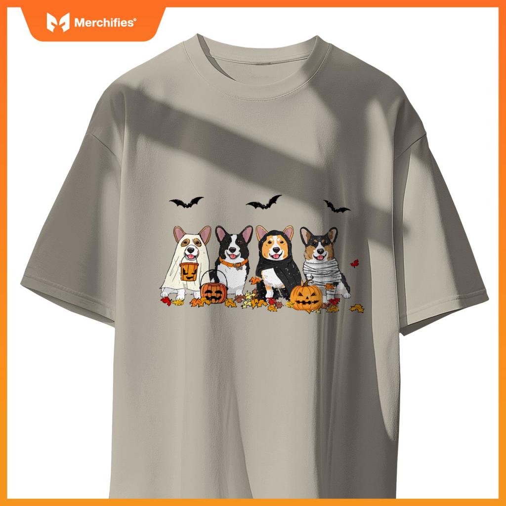 Cute Welsh Corgi Dogs Ghost Witch Mummy Halloween Pumpkins T-Shirt