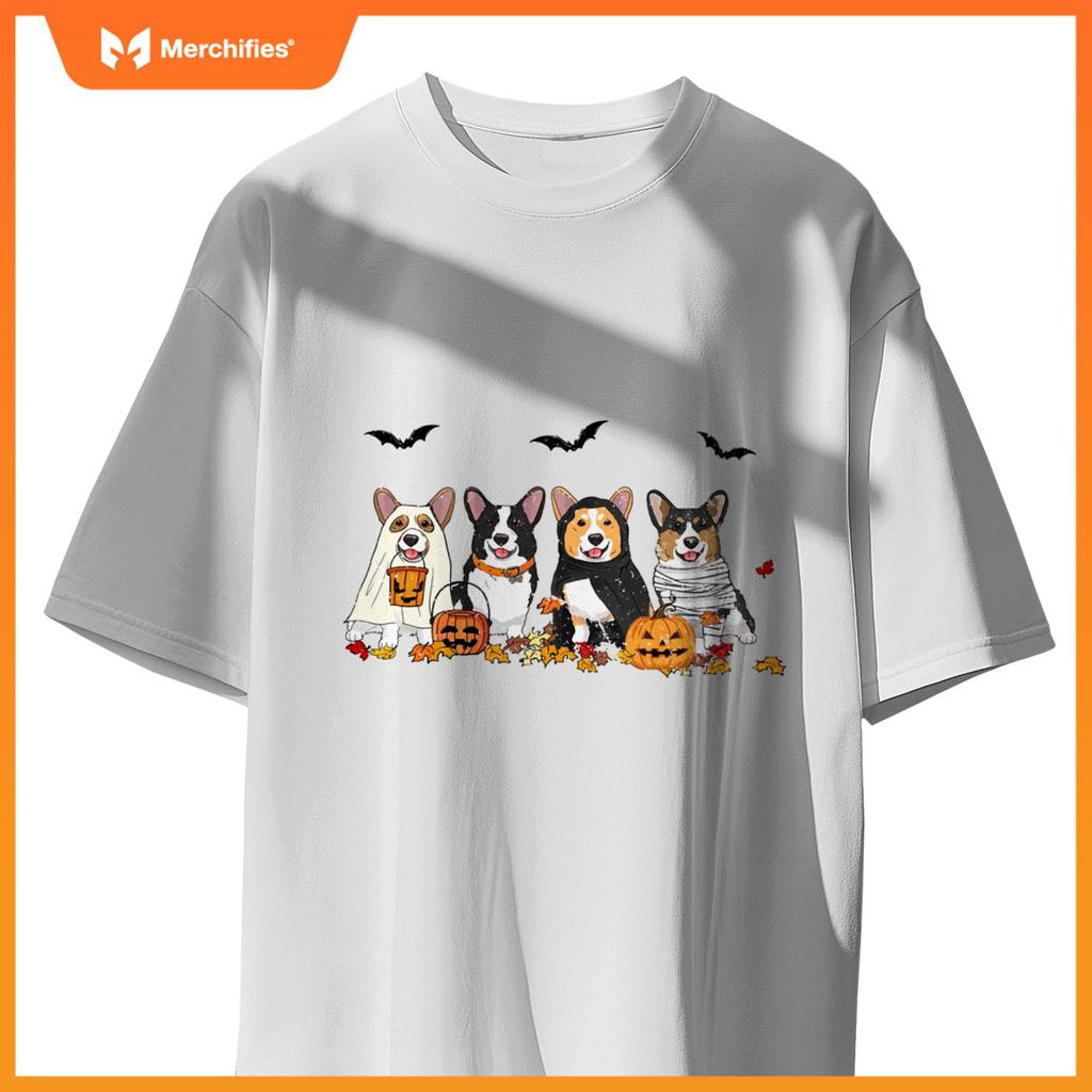 Cute Welsh Corgi Dogs Ghost Witch Mummy Halloween Pumpkins T-Shirt