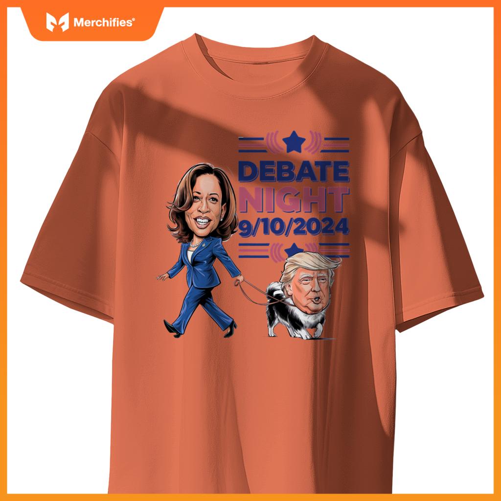 Debate Night Showdown Funny Kamala Dog Walks Trump T-Shirt