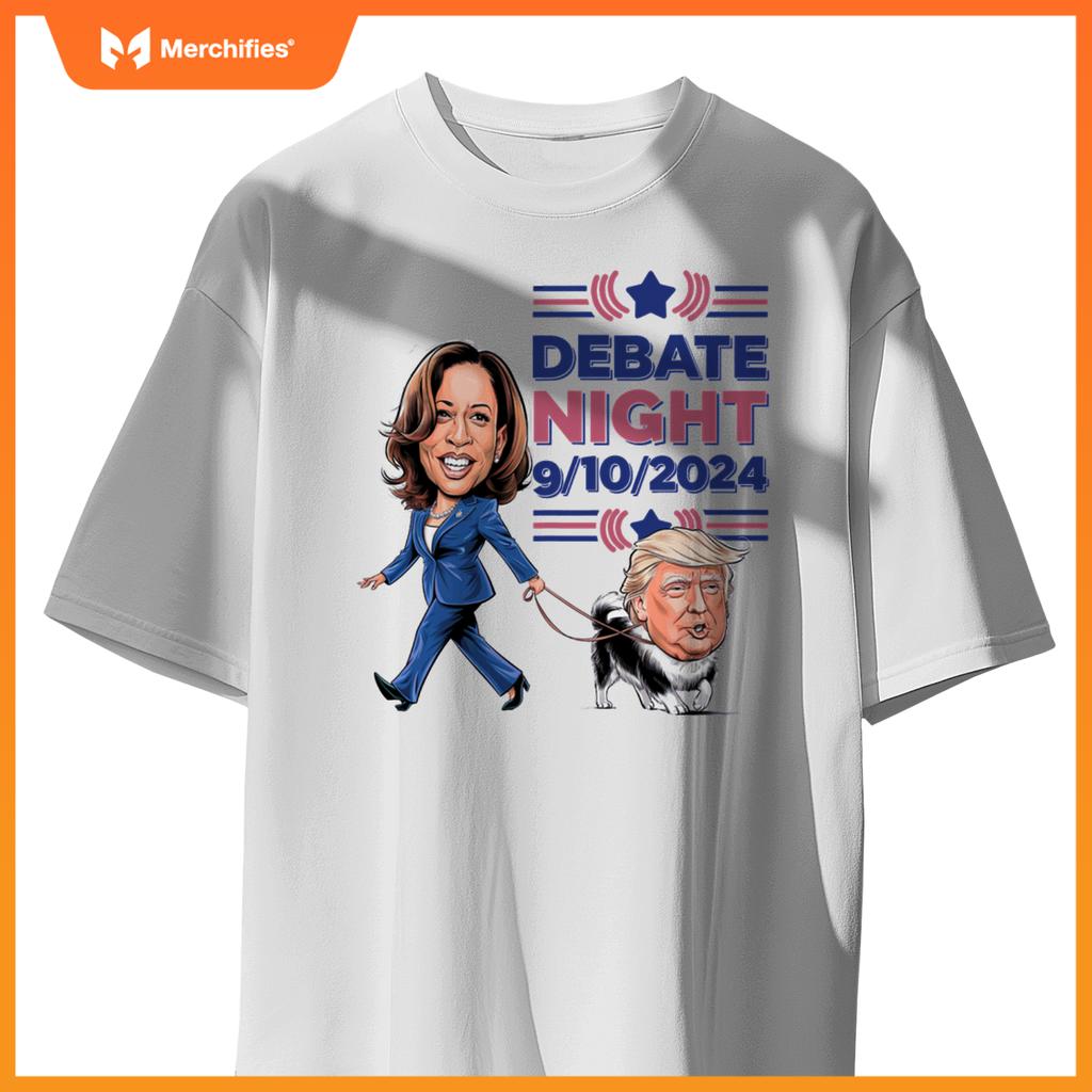 Debate Night Showdown Funny Kamala Dog Walks Trump T-Shirt